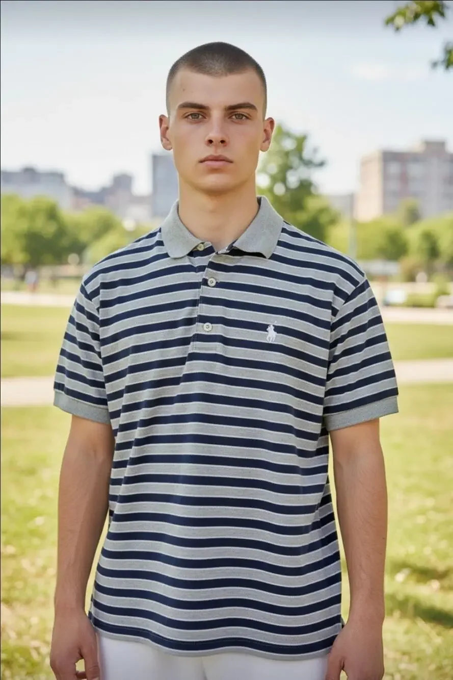 Polo Ralph Lauren Custom Slim Fit Striped Polo Golf Shirt Grey Navy Blue Mens S